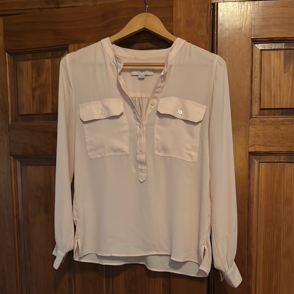 LOFT Cream Long Sleeve Mandarin Collar Blouse